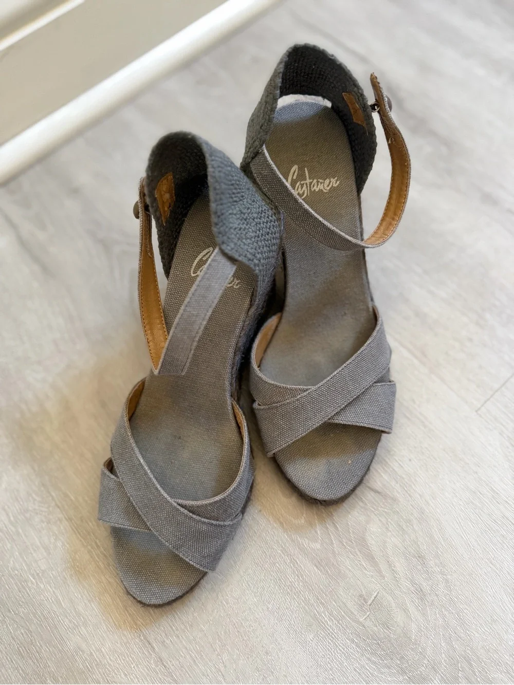 Castaner Gray Cross-Strap Wedge Sandals with Ankle Buckle